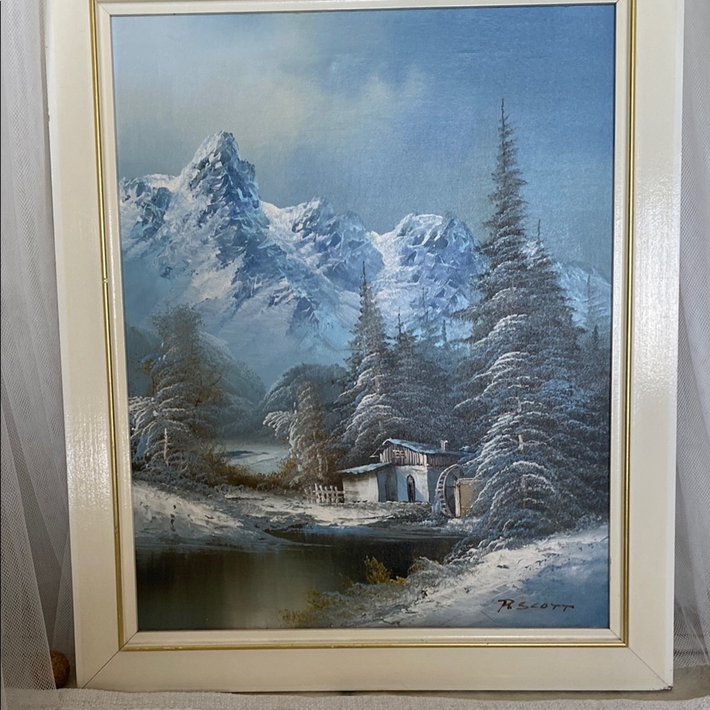 Original Oil Painting by R. Scott Winter Mountain Landscape Art in White Frame